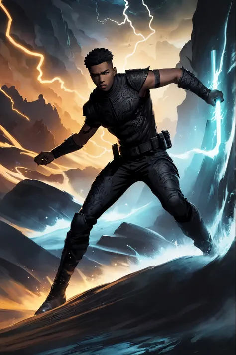 (Painting:1.3) of (Detailed illustration:1.3) A (full body:1.3) landscape shot at 8k resolution, splash art, fantastic comic book style, intense look, landscape (Black male Teenager:1.3), holding lightning sword, surrounded by rising swirling sand.