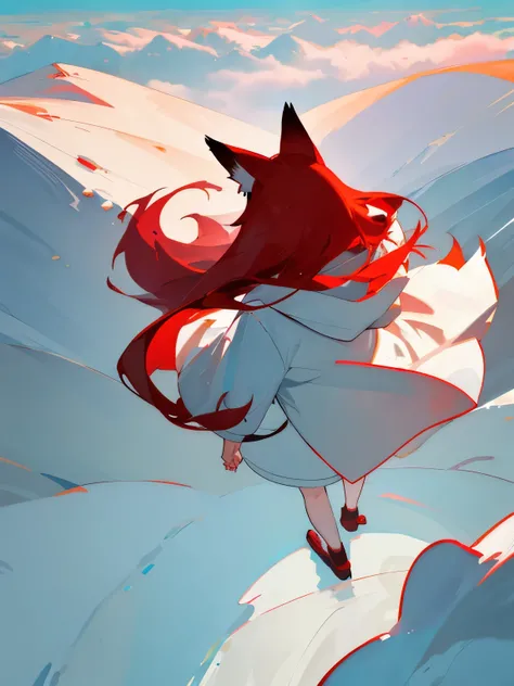 (best quality:1.5),(masterpiece:1.2),(detailed:1.1), 1girl, solo, red hair, white coat, fox girl, fox ears, from behind, from above, on mountain, under cloud