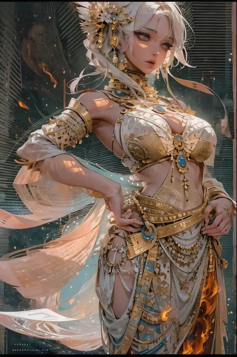 depicts a goddess of war，she is a great giant，she is a lovely princess，Also a powerful warrior，flame，lightning in sky，The top of the mountain is at your feet，mountains in the distance，(fire element:1.4)，现实的flame，Highly realistic，correct anatomy，full-body s...