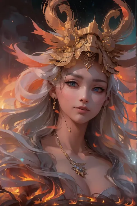 depicts a goddess of war，she is a great giant，she is a lovely princess，Also a powerful warrior，flame，lightning in sky，The top of the mountain is at your feet，mountains in the distance，(fire element:1.4)，现实的flame，Highly realistic，correct anatomy，full-body s...