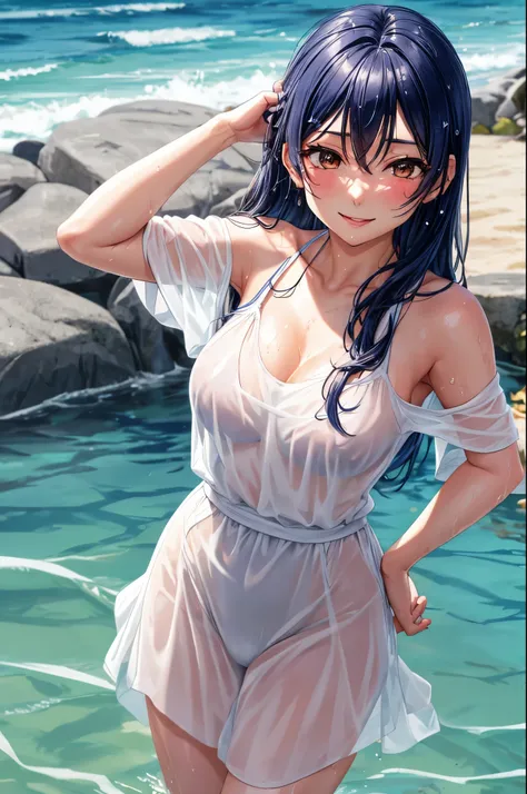 Solo, cowboy shot,Sonoda umi,(white see through beach dress), wet clothes,breasts,(wet skin:1.1),outdoors,day,hand on hip,water drops 