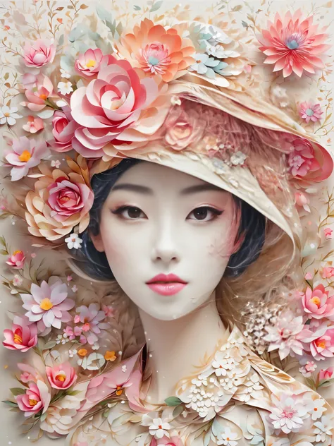 （（（paper art，Decoupage，）））There is a woman wearing a paper hat and paper flowers, Beautiful digital art work, complex wlop, Pop Japaneseism 3D Super Detailed, complex numbers, layered paper art, Detailed digital 3D art, Lovely and detailed digital art, dre...