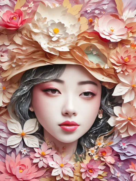 （（（paper art，Decoupage，）））There is a woman wearing a paper hat and paper flowers, Beautiful digital art work, complex wlop, Pop Japaneseism 3D Super Detailed, complex numbers, layered paper art, Detailed digital 3D art, Lovely and detailed digital art, dre...