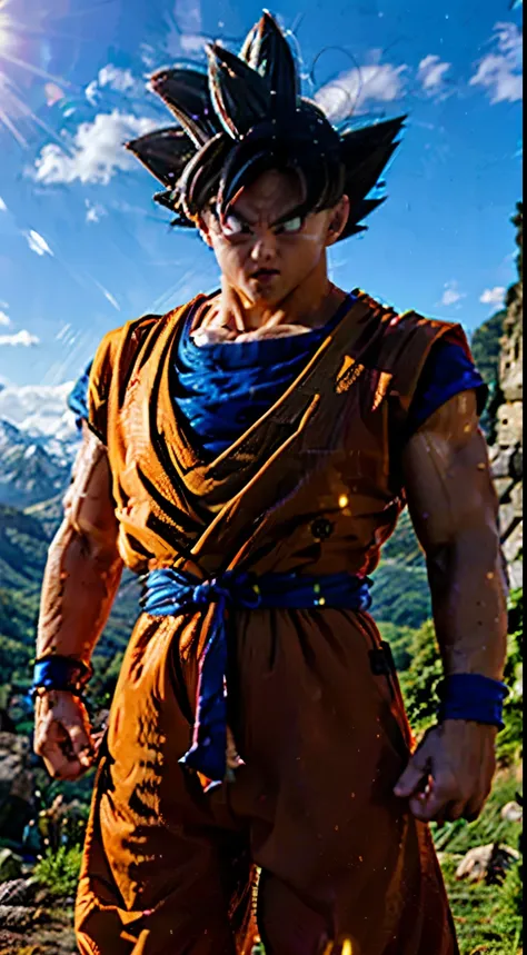 Masterpiece, Highest Quality, Ultra-Detailed, Hyper-Real, ((Goku)), Perfect Face, FOTO FRONTAL, cinematic lighthing, full body, (princes), mountain ice, (super saiyan)