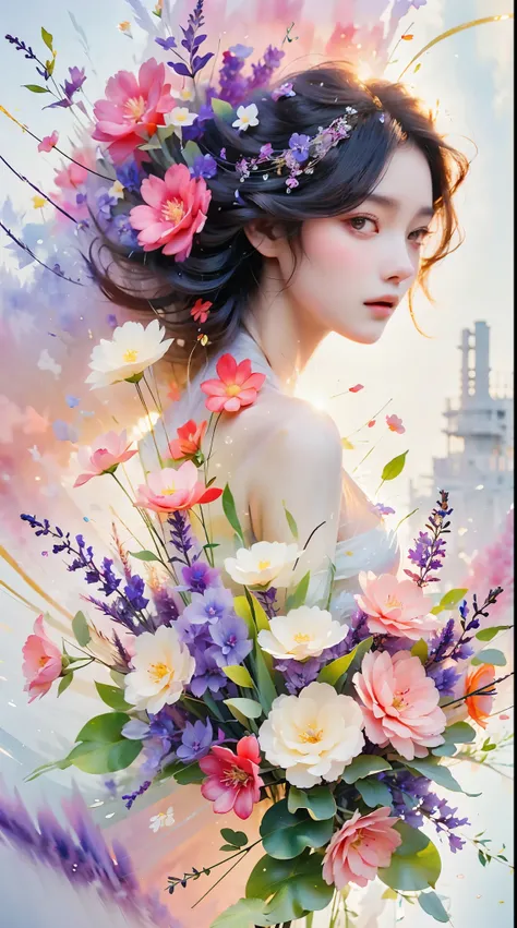 1 girl,flower, Platycodon ,light pink和浅蓝色的风格, Fantasy and romantic works, light pink, ethereal leaves, Interesting arrangement,fantasy, high contrast, ink strokes, explode, overexposure, Impressions of purple and red tones , Abstract, ((Watercolors by John...