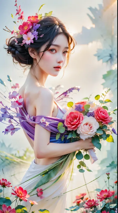 1 girl,flower, Platycodon ,light pink和浅蓝色的风格, Fantasy and romantic works, light pink, ethereal leaves, Interesting arrangement,fantasy, high contrast, ink strokes, explode, overexposure, Impressions of purple and red tones , Abstract, ((Watercolors by John...