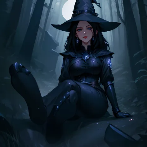 witch sitting on a rock in the woods, black - haired mage, commission for high res, dark witch, classical witch, witch, witch gi...