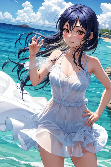 Solo, cowboy shot,Sonoda umi,(white see through beach dress), breasts,outdoors,day,hand on hip,water drops 