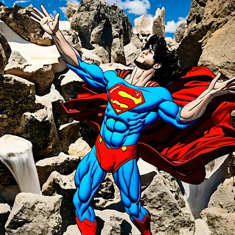 there is a superman standing in a room with his arms outstretched, doing a majestic pose, in an action pose, distorted pose, act...