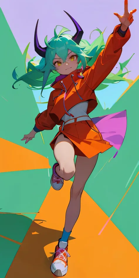 Cute demon girl with light violet skin and light green blue hair wearing red sneakers and a mat green jacket with a light dark blue strap running down the out side off the arm she also has horns that are the same color that her skin is that long and pointe...