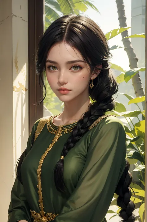 (best quality,masterpiece:1.2),black hair,golden eyes,green clothing,searching,upper body,strands of hair,clean skin,side braid,looking at viewer with sadness,visible,beautiful,transparent clothing,portrait