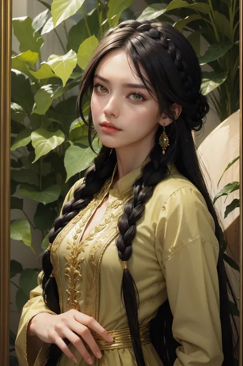 (best quality,masterpiece:1.2),black hair,golden eyes,green clothing,searching,upper body,strands of hair,clean skin,side braid,looking at viewer with sadness,visible,beautiful,transparent clothing,portrait