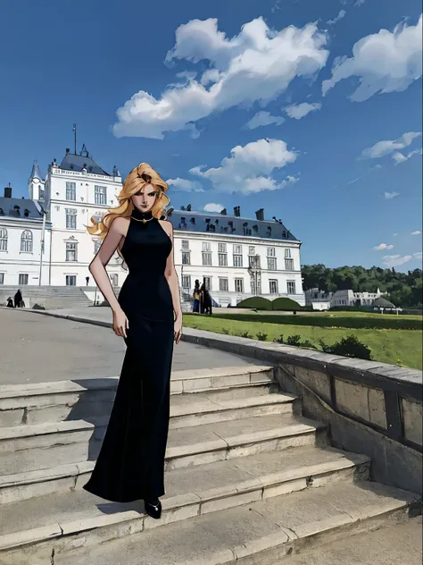 cat woman, woman in black dress standing on the stairs, style of yulia razumova,  wear an elegant outfit,  magdalena more often,...