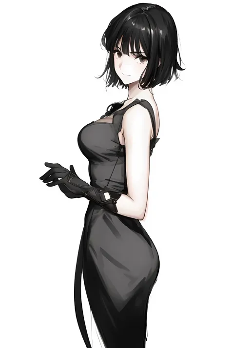 Beautiful girl, Black hair, Black eyes, dark green dress, smiling slightly, realistic fingers, realistic weapon, realistic legs, realistic body