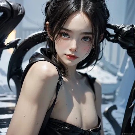 1 girl, solo, wet skin, sinister, female, thin, pale, looking at the camera, ultra realistic, fully detailed, cemetery environment, bright eyes, black shirt, putrid wounds, , terrifying, bruised by the body, slight smile, super detailed, black short ha...