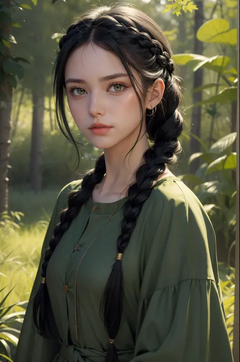 (best quality,masterpiece:1.2),black hair,green eyes,green clothing,searching,upper body,strands of hair,clean skin,side braid,looking at viewer with sadness,visible,beautiful,transparent clothing,portrait