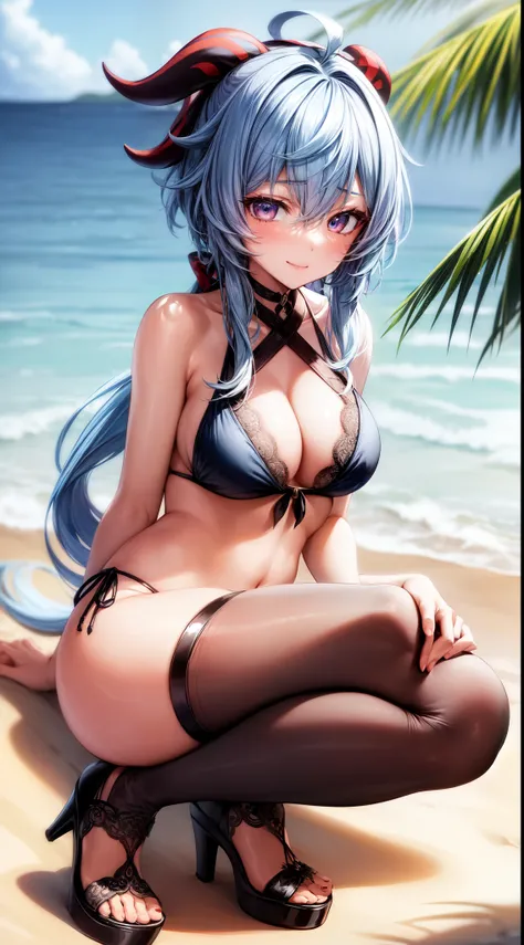 anime, beautiful face, highly detailed face, 2 accurate legs, detailed eyes, highly detailed beach background, perfect lighting, best body lighting, 1girl, solo, ganyu, genshin impact, outdoors, flower hair accessory, (beautiful light blue hair:1.2), absur...