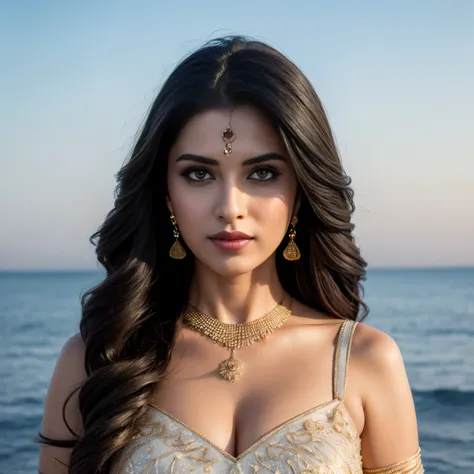 Portrait of A confident-looking indian woman with long flowing hair, hazel eyes, with flowing cape, wearing designer jewellery, visible c-cup breast sitting on boat, ocean background, bokeh perfect composition, hyperrealistic, super detailed, 8k, high qual...