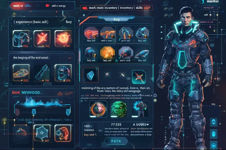 arafed image of a man in a futuristic suit standing in front of a screen, game ui asset design, game ui, pc game with ui, neon scales and cyborg tech, game interface, game concept, sci-fi space game art, sci-fi skin, detailed game art, gameplay screenshot ...