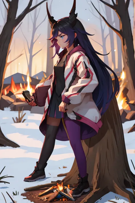 teenage woman, battle outfit, horns, long hair, in the woods by a campfire