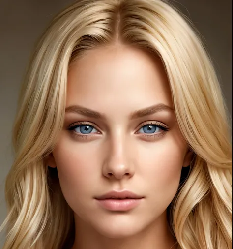 Ultra-realistisches Porträt Beautiful blonde woman (Frontal view)  Emphasis on intricate details and textures Natural and lifelike appearance Fokus auf einzigartige Gesichtseigenschaften Highlighted eyes and expression Simple and non-distracting background...