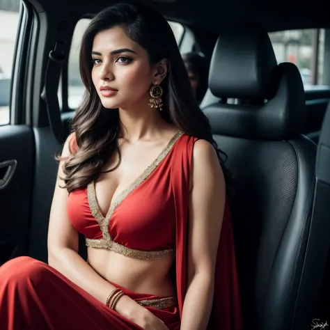 nude Portrait of A confident-looking Indian woman with long flowing hair, hazel eyes, with flowing capes, sitting in the car,wearing full red saree, c-cup brests, with perfect composition, hyperrealistic, super detailed, 8k, high quality, trending art, tre...