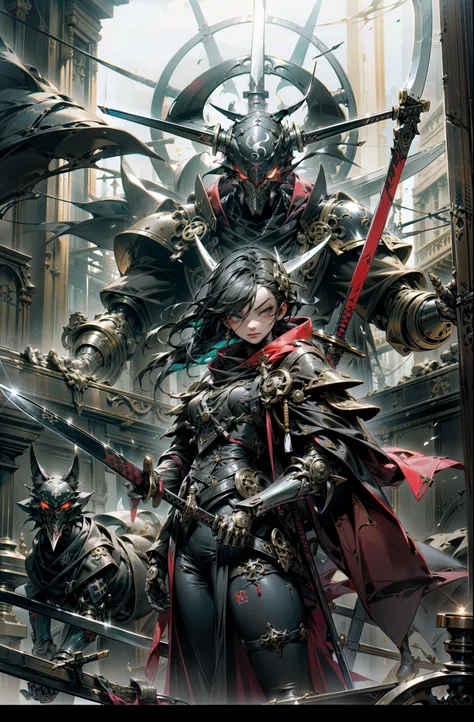 Dark gothic horror fantasy,ciberpunk futurista,(samurai sword, scythe blade, bandera de guerra sashimono, negro:1.1),1 hombre,mechanical wonder,Robotic presence,Cyber Warrior Guardian, wear a worn mechanical suit, incredibly complex metal [oxidado]), elega...