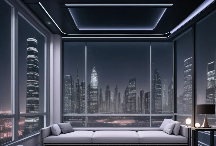 real image、night view、22nd century house living room、The interior design follows the style of 20th century modernism.、art lighting effects、Beautifully maintained futuristic city visible through large windows、