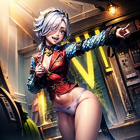 white hair, ponytail, hair over one eye, black eyes, small irises, sharp teeth, black headband, black choker with gold lock, light blue long sleeved shirt under vest, loose sleeves, red blazer vest, arm braces, masterpiece, high quality, ((happy)), sexy bo...