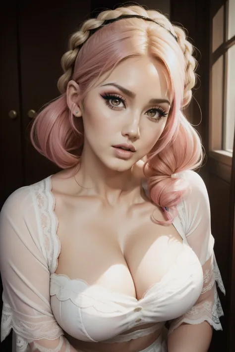 Lucy Pinder, face portrait, portrait, mouth wide open, (Adele), ((VERY INTENSE MAKEUP)), voluptuous, cleavage, lace, singing, (Karen Fukuhara), pink hair, short hair, pigtails in hair, t-shirt white, white skirt, armor.
