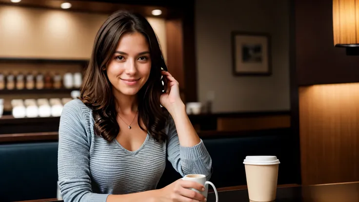a beautiful brunette wearing beige v-neck sweater sitting at a table looking at her laptop (holding a cup of coffee inside a dark modern café at sunset), very detailed, innocent face, natural wavy hair, blue eyes, high resolution, masterpiece, best quality...