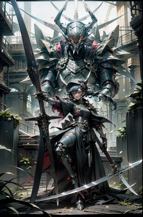 Dark gothic horror fantasy,ciberpunk futurista,(samurai sword, scythe blade, bandera de guerra sashimono, negro:1.1),1 hombre,mechanical wonder,Robotic presence,Cyber Warrior Guardian, wear a worn mechanical suit, incredibly complex metal [oxidado]), elega...