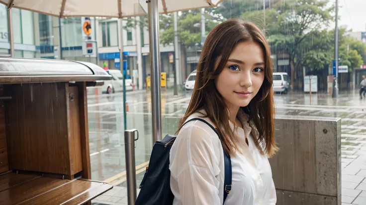 super beautiful girl。light brown shiny medium hair。Beautiful clear blue eyes。elegant and cute woman。gentle smile。Waiting for the bus at the bus stop in the rain