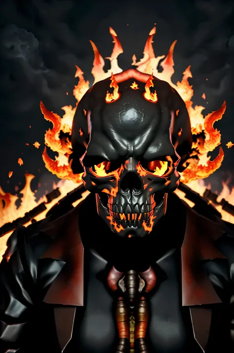 Crie 1 personagem chefe 3D realista, fire-breathing skeleton head. Abstract dark scenery with fire.