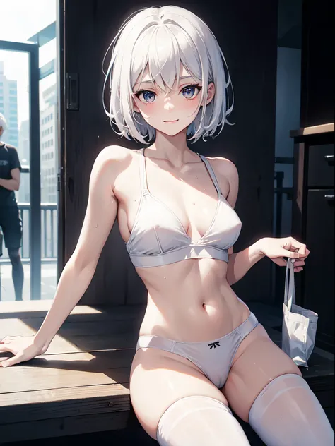 1 girl, (alone:1.2), ((masterpiece)), Slim, , pale skin, ((delicate eyes)), (bokeh effect), sweating, (dynamic angle)，stand, white hair, short hair, bare shoulders，Lilu&#39;s collarbone, armpit, (External), Smile, stand,  white thong，sports shoes，White ove...