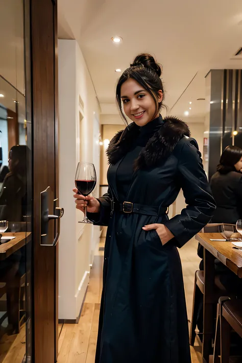 attractive wife, 25_years old, black hair, bun, (dark blue maxi work dress), smiling and stern face, standing, bag, fur coat. inside a fine restaurant, food, glass of wine, crowd, guests