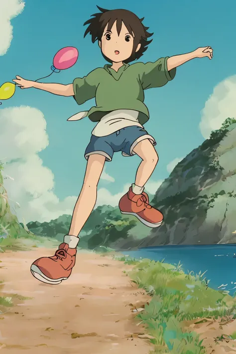 a Studio Ghibli style illustration of a young asian boy with curtain-style black hair, a blue hoodie, black shorts up to the lower thigh, and red chuck taylors jumping up to grab a blue balloon in a green grassy field with a blue sky overlooking the sea