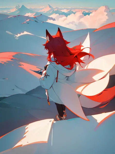 (best quality:1.5),(masterpiece:1.2),(detailed:1.1), 1girl, solo, red hair, white coat, fox girl, fox ears, from behind, from above, on mountain, under cloud