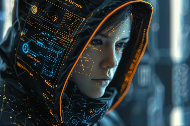 futuristic woman in a hoodie with a futuristic interface on her face, cyberpunk anime girl in hoodie, the cyberpunk girl portrait, portrait beautiful sci - fi girl, portrait of a sci - fi woman, 4k highly detailed digital art, beautiful cyberpunk girl face...