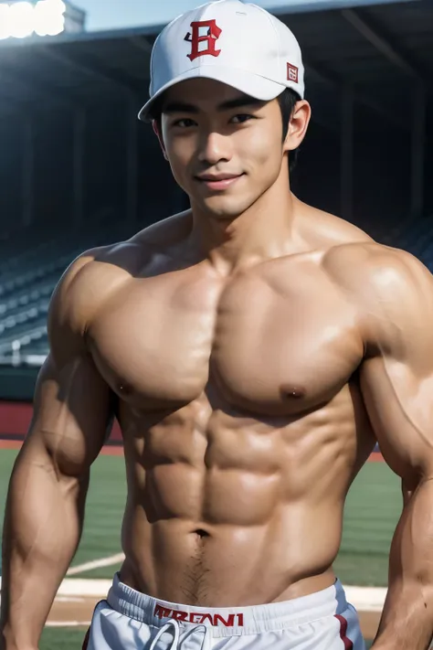 1 handsome Japanese bodybuilder guy，smirking smile, swelling muscle, front double biceps pose, White skin，slim fit muscular boy, Abs, chest muscle，musculous,  hairy bodies, wearing nothing, only black thong, Baseball cap, Baseball stadium, Baseball field,