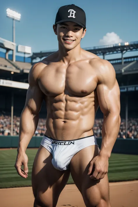 1 handsome Japanese bodybuilder guy，smirking smile, swelling muscle, front double biceps pose, White skin，slim fit muscular boy, Abs, chest muscle，musculous,  hairy bodies, wearing nothing, Exposing the pectoral muscle posing, a black thong panties, Baseba...