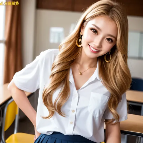 (highest quality、table top、8k、best image quality、Award-winning work)、1 beautiful 、blonde gal、long wavy hair、Bright color contacts、necklace、small precision earrings、exposed chest、(polyester high school uniform shirt:1.1)、thin、cleavage、huge breasts、emphasize...