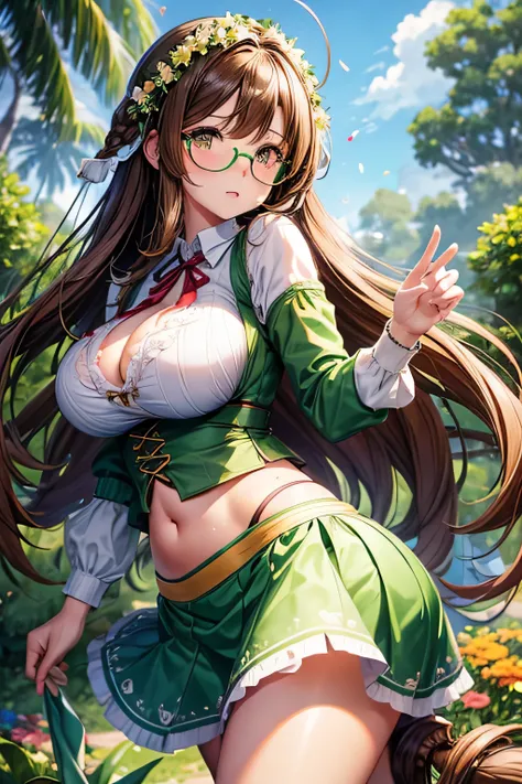 High resolution, high quality, 1 girl, anime girl, brown long hair, brown eyes,heart-shaped pupil, green glasses, tanned skin, big breasts,beautiful breasts, (big ass),beautiful butt,Aqua Cardigan,green dirndl skirt,walk,[[[Pregnant]]],lower body,in the fl...