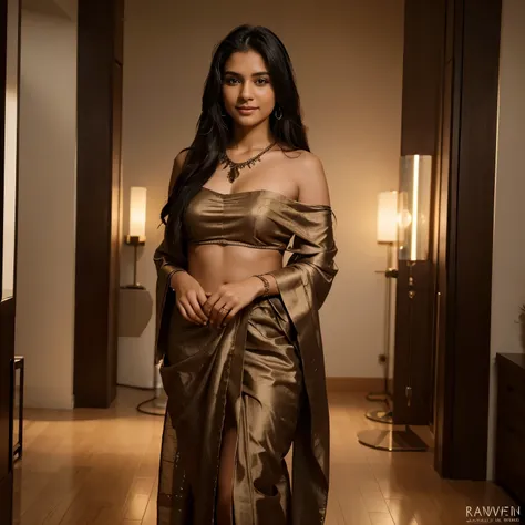 One woman of about 20 years old, black long hair, body measurement 36-25-36, height 57", Hazel eyes, wearing full indian saree , oven fabric arranged over the body as a robe, with one end attached to the waist, while the other end rests over one shoulder, ...