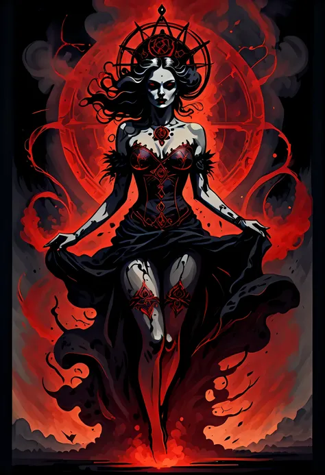 Dark charm enchanting tarot card illustration, Beautiful dark fantasy style hell goddess essence, Grunge oil painting brush strokes depicting intricate details, Especially with carefully handwritten elements, An image that exudes a sense of awe, Amazing de...