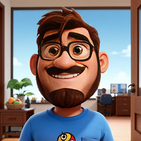 Um homem moreno, de camiseta preta, sorrindo, foto de perfil profissional, em fundo preto,com barba preta, cabelos curtos pretos, forte, imagem pixar