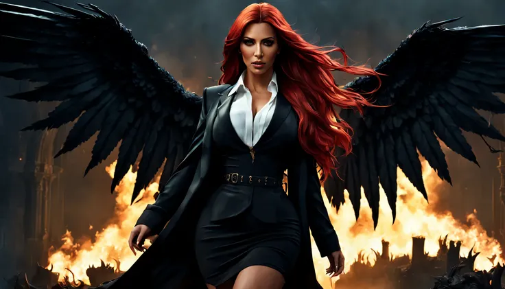 Kim Kardashian in Bloodborne, with long lush red hair, with demonic wings behind, full length portrait, lush, Beautiful face, perfect curves Epic Cinematic Glitter Stunning Complex Meticulously Detailed Dramatic Atmospheric Maximalist Digital Matte Paintin...