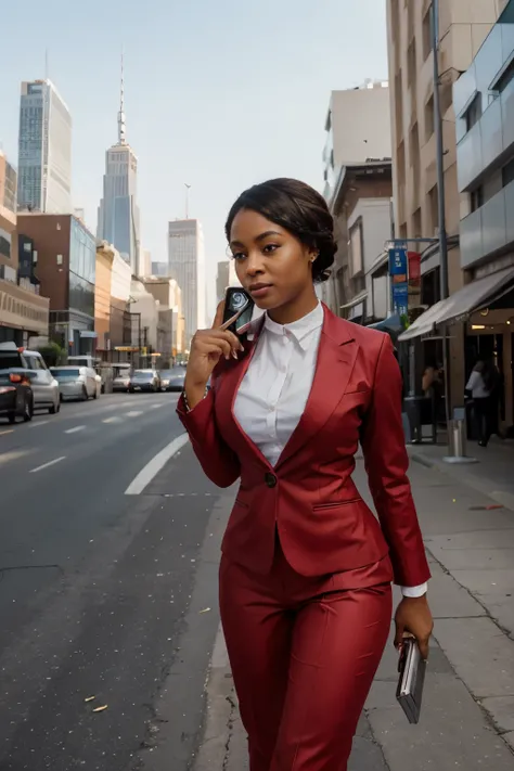 realistic photo Amidst the bustling cityscape, beneath the gleaming skyscrapers, stands an african american woman whose presence commands attention. She strides through the streets with purpose, her tailored power red suit a symbol of her authority and con...