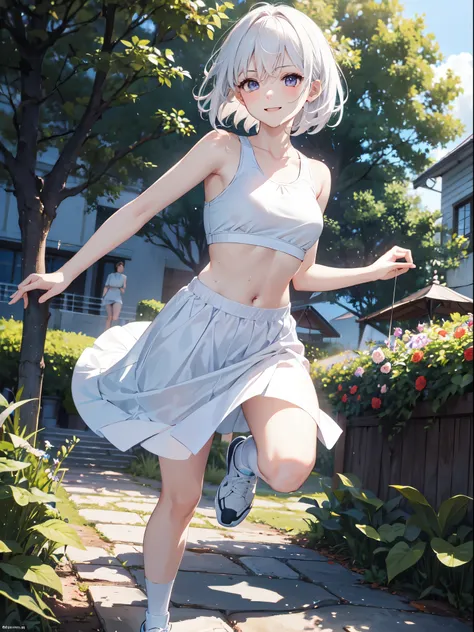 1 girl, (alone:1.2), ((masterpiece)), Slim, , pale skin, ((delicate eyes)), (bokeh effect), sweating, (dynamic angle), running, white hair, short hair, bare shoulders，Lilu&#39;s collarbone, armpit, (External), Smile, garden, sports, thong，sports shoes，Knee...