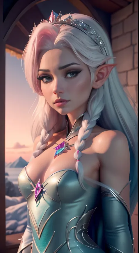 Elfgirl (rose quartz SU-Elsa frozen Disney  mezclando modelos .) (ultra FUSIÓN de cabello blanco y rosado) Highly detailed CG unity 8k wallpaper, style shot, complex, high detail, dramatic, highest quality movie still image, very detailed, masterpiece, bes...